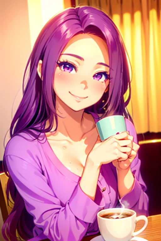 (seira sodeshiro) (highest quality) (very sensual, positive energy) (((solo lady))) (delicate face) (long disheveled hair) ((tanned skin)) (penetrating look) ((extremely pretty)) (she is close to you)) ((teasing you with her hair)) ((your pov)) ((lively colours)) ((loveliest girlfriend)) ((sipping coffee)) ((softly smiling))
