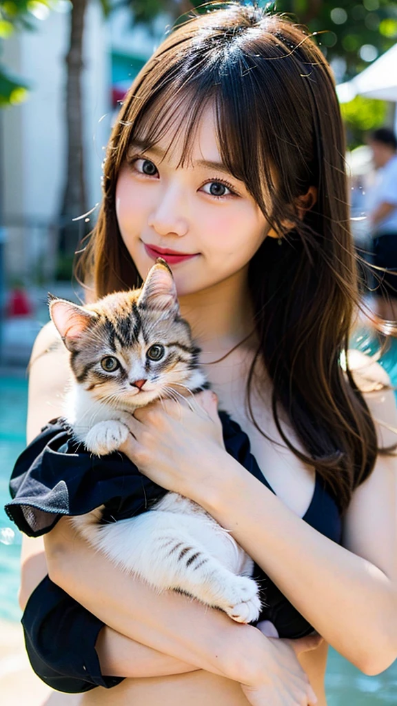 Highly detailed CG Unity 8k wallpaper, highest quality, nature((Large Breasts:1.25)),masterpiece, Realistic, Photo Real, Highly detailed cute girl, Age 25, (Blue Nightgown), (blush) , Round eyes, Big Breasts, The audience watching, Half Body Shot , Lie , Curly Hair