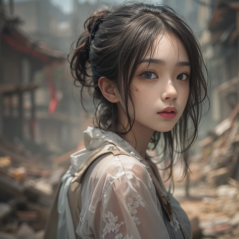 (masterpiece, Highest quality, 1 Girl, alone) In the ruins of the zombie apocalypse, 美しいアメリカの金髪の十代のto be born存者, ( Half Body Shot, There are many freckles on the face, Slim figure, Messy hair with short sides, Hazel green eyes), I&#39;m tired but I won&#39;Resistant, Discover the secret sanctuary village, A ray of hope in a world devastated by despair. Her Journey, Involving risk and loss, Lead her to this hidden haven, A place where safety and the promise of new beginnings await... Surrounded by the revival of nature, The sanctuary stands as a lush oasis in the middle of a desolate landscape.., Its very existence is a testament to the resilience and tenacity of humankind.. When she crossed the line, Her relief is palpable.., Her face is、Even in the darkest times, Hope can find its way to prosperity. This moment、It captures the essence of hope in the face of adversity.。, to be bornき残るための戦いにおいて, The human spirit is indomitable, 16K, Ultra-high resolution.Realistic, Ultra-high resolution, to be born, Sanctuary Village in the background