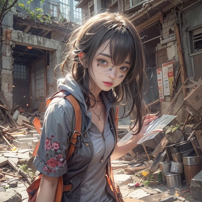 (masterpiece, Highest quality, 1 Girl, alone) In the ruins of the zombie apocalypse, 美しいアメリカの金髪の十代のto be born存者, ( Half Body Shot, There are many freckles on the face, Slim figure, Messy hair with short sides, Hazel green eyes), I&#39;m tired but I won&#39;Resistant, Discover the secret sanctuary village, A ray of hope in a world devastated by despair. Her Journey, Involving risk and loss, Lead her to this hidden haven, A place where safety and the promise of new beginnings await... Surrounded by the revival of nature, The sanctuary stands as a lush oasis in the middle of a desolate landscape.., Its very existence is a testament to the resilience and tenacity of humankind.. When she crossed the line, Her relief is palpable.., Her face is、Even in the darkest times, Hope can find its way to prosperity. This moment、It captures the essence of hope in the face of adversity.。, to be bornき残るための戦いにおいて, The human spirit is indomitable, 16K, Ultra-high resolution.Realistic, Ultra-high resolution, to be born, Sanctuary Village in the background