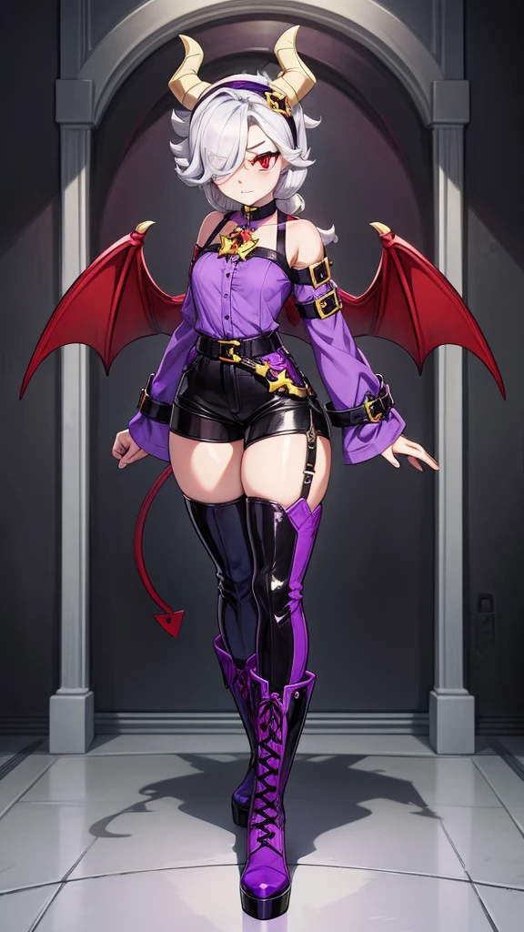 colettetrixie, red skin, sharp teeth, hair over one eye, hairband, demon horns, colored sclera, purple shirt, purple shorts, demon wings,knee high boots,heels,lace-up boots,black boots,brawl stars skin,lora Collette Trixie.