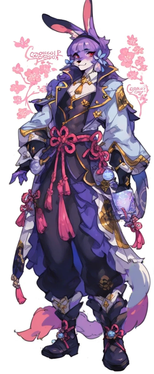 1 women, furry, Antro, fox, antropomorfic , pink eyes, blep, coffeesoda art style, e621, Fantazy adventurer, purple fox femboy, black boddy, purple hair, long hair, purple fur, bunny ears,purple clothing , ( ( character concept art ) ), official character art, picture of a male cleric, ayaka genshin impact, genshin, sage ( valorant ), genshin impact style, character artwork