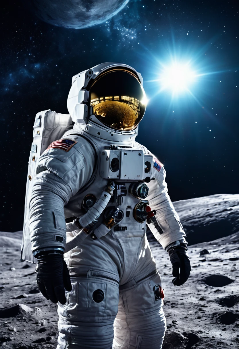 Astronauts looking up into space on the surface of the moon,, (4k, 8k, highres, masterpiece:1.2), ultra-detailed, detailed space suit, galaxy background, cinematic lighting, glowing stars, nebula clouds, volumetric lighting, chiaroscuro lighting, dramatic sci-fi atmosphere, vibrant colors