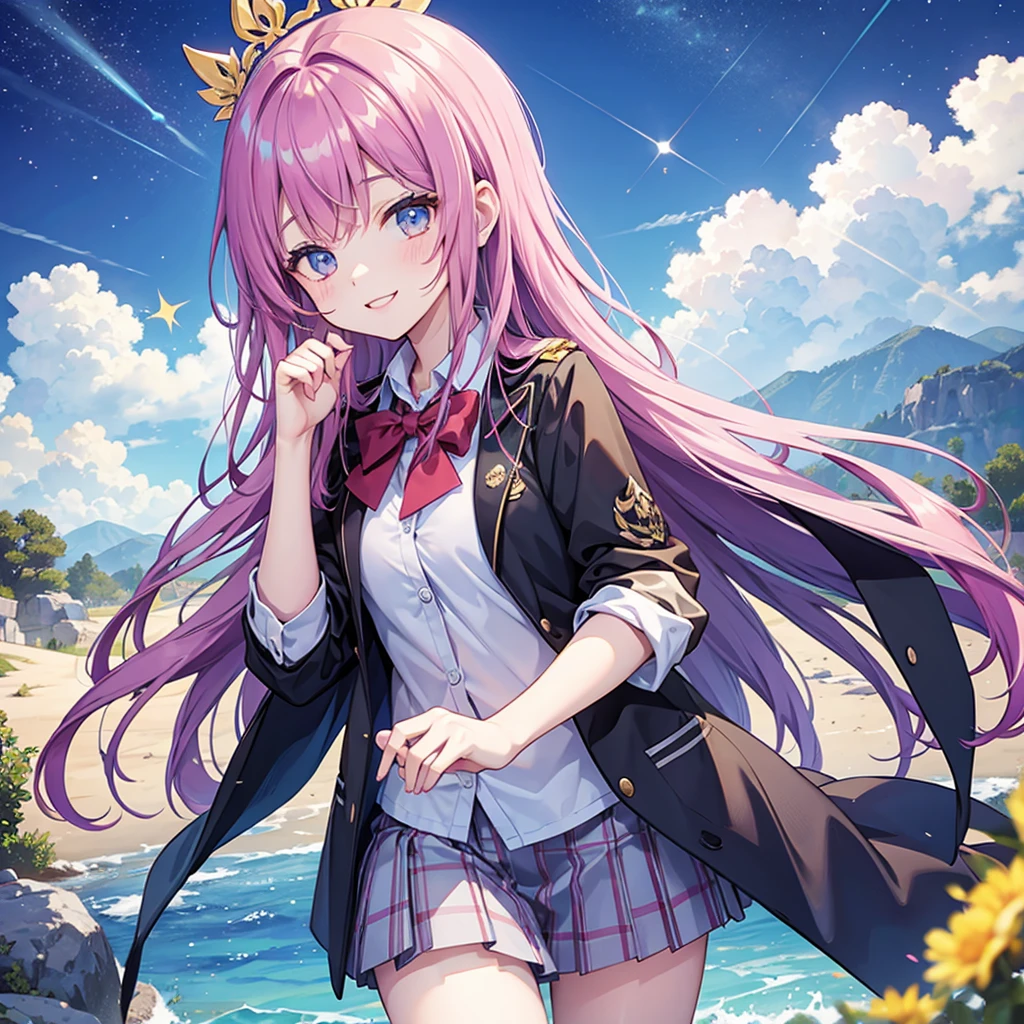 The image is of a beautiful woman wearing a tight fitting uniform. The woman has long flowing pink hair with strands of braided hair tied with red ribbon throughout. She has gorgeous green eyes that shine like emeralds. Her face is youthful and gorgeous. Her breasts are ample and seem too large for her uniform. She is short in height but well developed -a short stack. She blushes as you look at her. She's standing in an autumnal forest near a serene body of water. It's night time and a full moon lights the scene. A gentle breeze suspends fallen autumn leaves around her and lifts up her skirt revealing her blue and white striped panties. The image is ultra detailed with gorgeous colors, perfect line work, and detailed shading. The image really portrays the sexiness of the character. YasogamiFemaleWinter, black shirt, long sleeves, black sailor collar, yellow neckerchief, grey skirt, black thighhighs, autumn, serene water, lifted skirt, panty reveal, night time, gentle breeze,