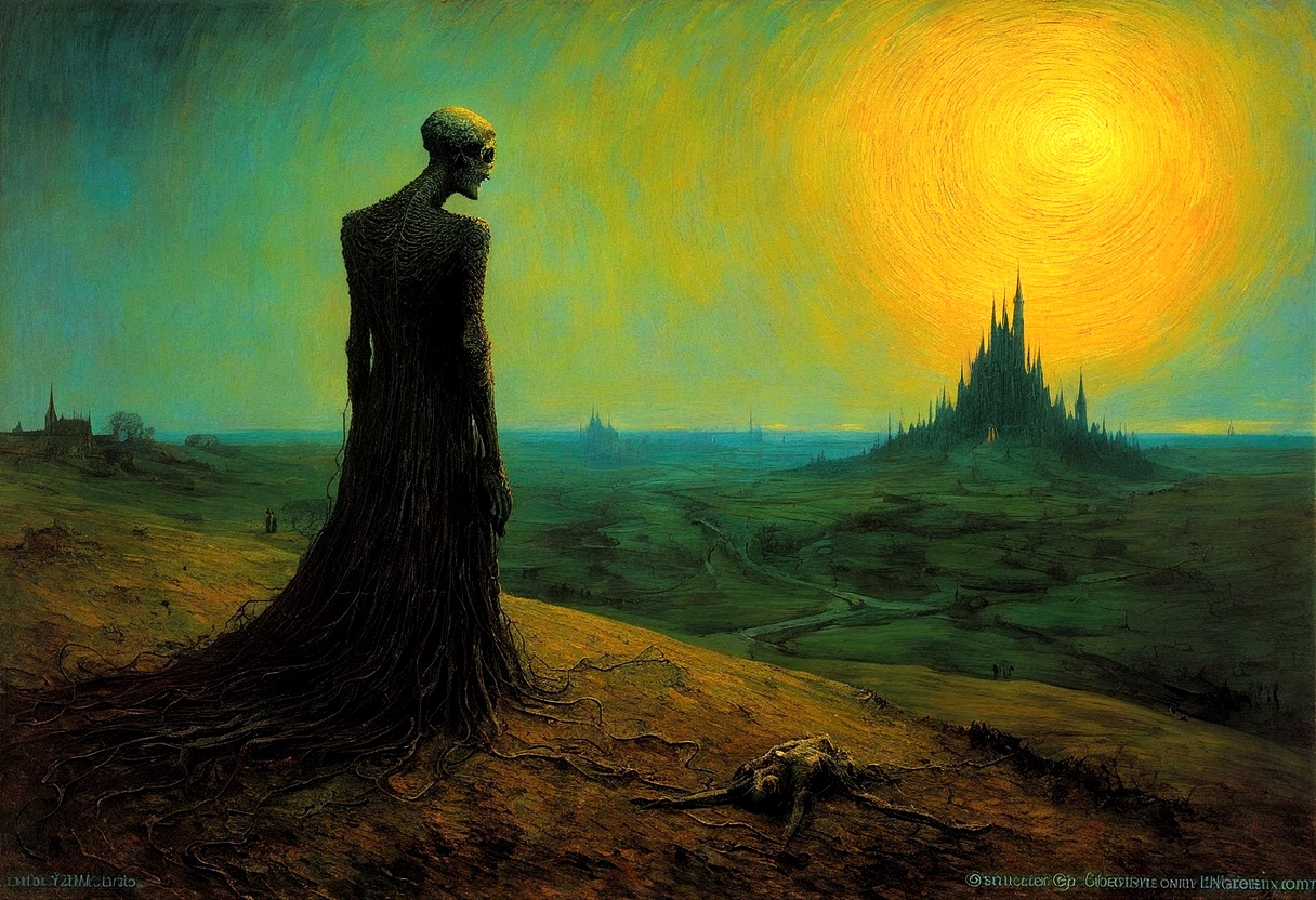 Mythical creatures, author：Zdzislaw Beksiński and Vincent Van Gogh, Album cover, romantic, Surrealism, Futuristic ,Smiling Corpse,  Wizard, Abstracted, dark,  landscape