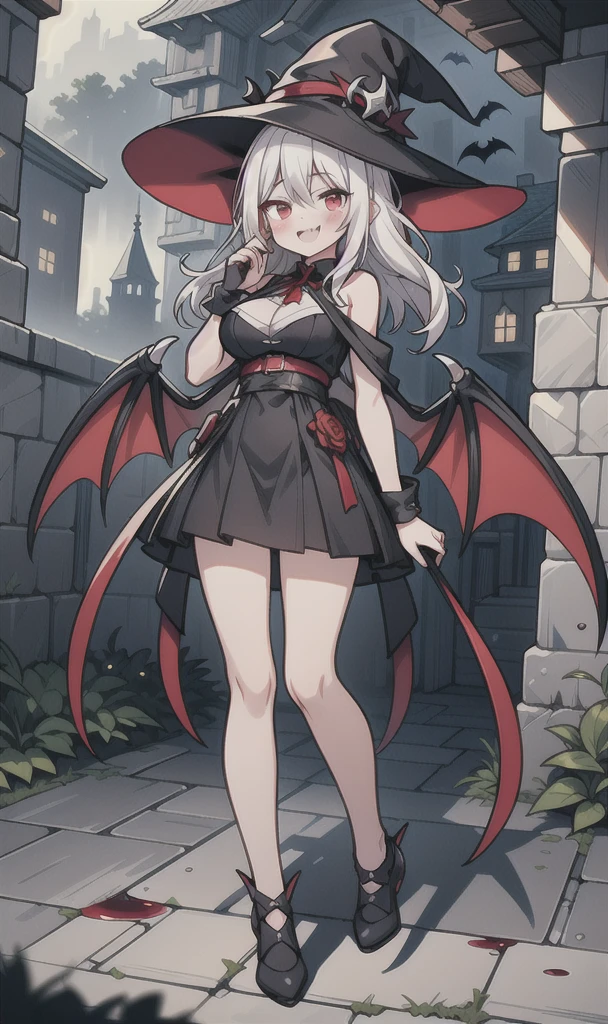 8K,  1girl, solo, adult, sexy vampire, white long hair, blood red eyes, showing fangs, bat wings, smile, (blush), (shy), looking at viewer,  dynamic angle, wind, game cg, fantastic scenery, big breast, show full body, magical girl, dungeons, summon, maho shojo, Gushing Over Magical Girls, white hair, red eyes, black witch hat, demon tail