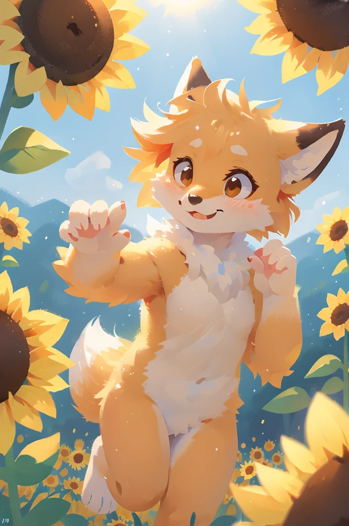 a furry anthro fox in a sunflower field, adorable pose, warm atmosphere, hyper detailed,  photorealistic, masterpiece, dynamic lighting, vibrant colors, natural setting, soft fluffy fur, cute facial expression, playful movement