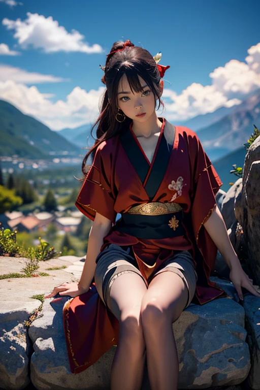 masterpiece, Highest quality,One girl, red bow, bow, Long Hair, hair bow, Ainu clothing, alone, hair band, bird, Black Hair, fingerless gloves, Short sleeve, gloves, sash, pants, bangs, red hair band, arms, chest, Brown eyes, white pants, kimono, Confused, A light smile, Official Art, Good composition, Official pose, detailed Portraiture, Portraiture, Bokeh, Clouds and mountains background, warrior, onmyoji style, High resolution, Dramatic lighting and shadows, Solar flare, Blurred foreground