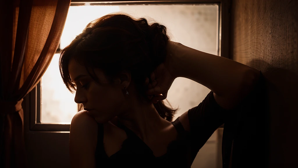 A woman with her back turned, crying, devastated, and distressed. A black cat with yellow eyes is licking the woman. The scene should convey a sense of sadness and vulnerability, with detailed emotional expressions."
