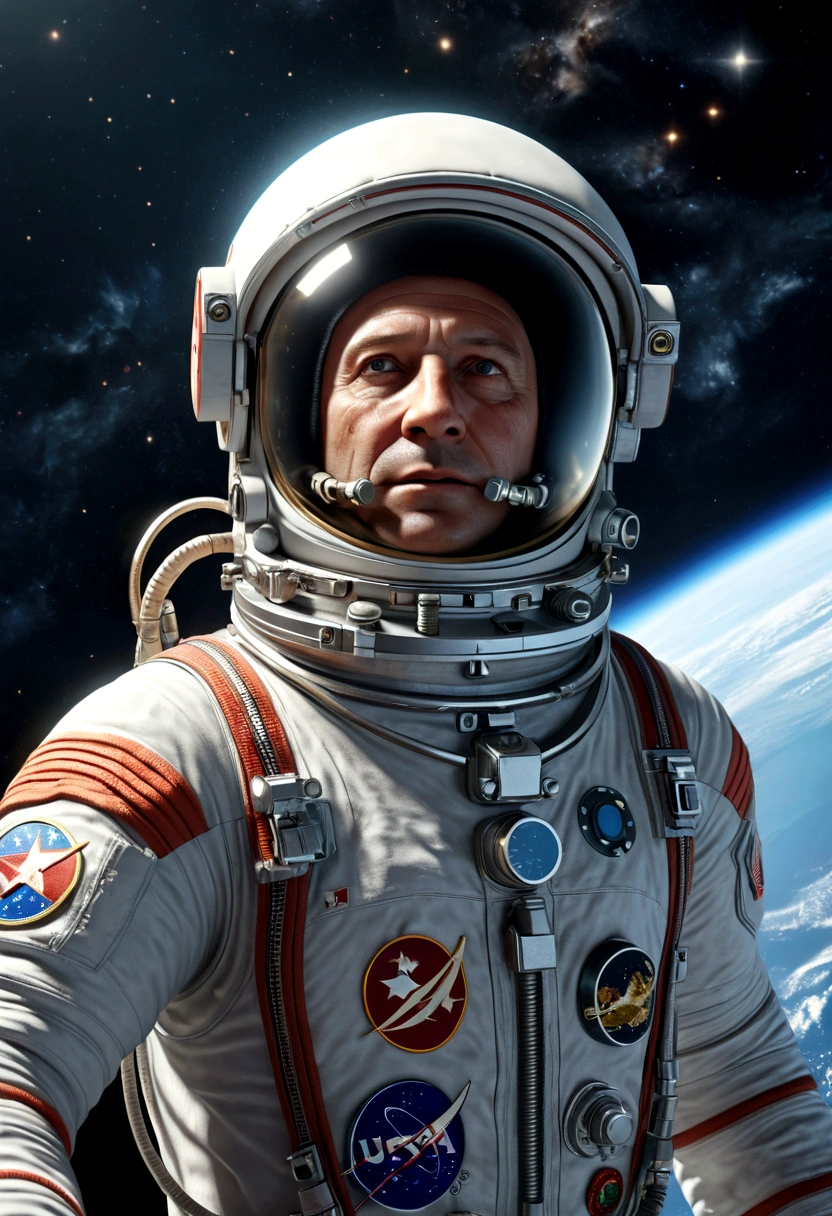 a photorealistic USSR's astronaut diving into space, extreme detailed USSR astronaut suit, extremely detailed astronaut face and eyes, astronauts floating in space, realistic space environment, nebula clouds, shining stars, dramatic lighting, cinematic composition, realistic physics simulation, hyper realistic, award winning digital art, 8k resolution, photorealistic, cinematic colors, dramatic lighting, stunning details