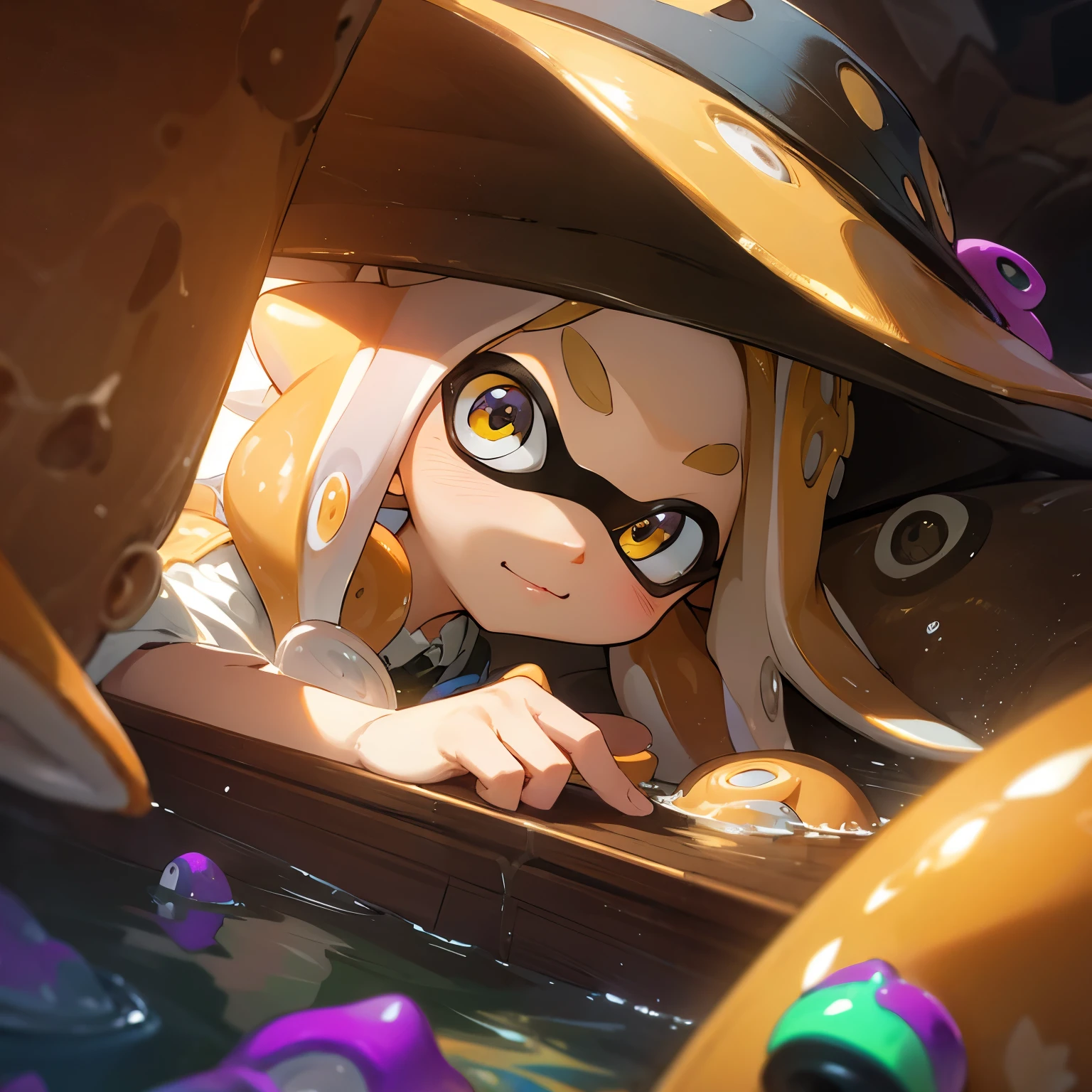 masterpiece、Highest quality、High resolution、Inside the cave, water, bridge, Real Anime、3d、((Splatoon Girl))、Golden Eyes、Beautiful Eyes、Golden tentacle hair、Explorer&#39;s outfit、Open front clothing、gigantic breast、Cleavage、Helmet、Dirty Face、Girl looking at the ceiling above her、、Lots of crystals、Luminous Crystal、Wide angle、広いInside the cave、Inside the fantastic cave、Depicting a girl smaller、cave interiors、