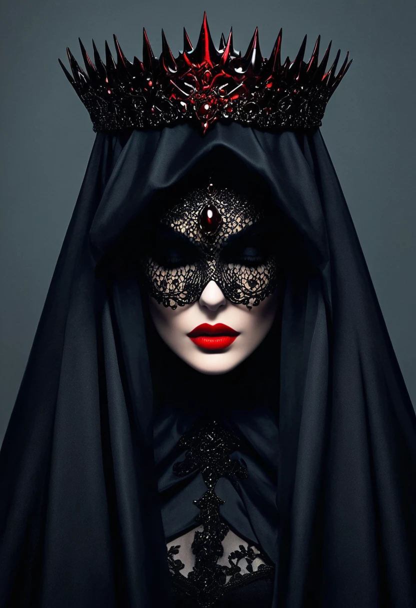 Dark Queen，The cloak covers the eyes，Black veil covers the face，Red lips