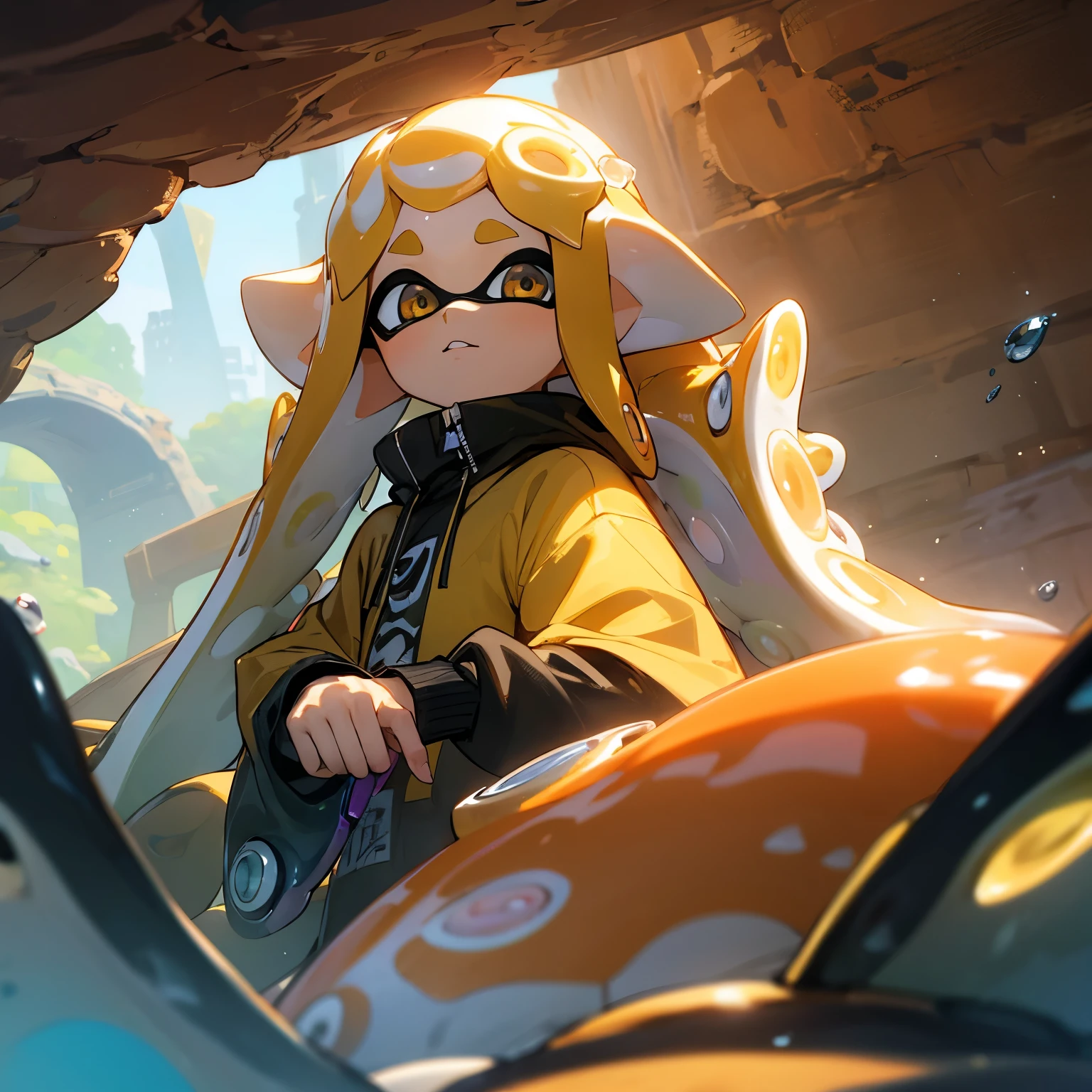 masterpiece、Highest quality、High resolution、Inside the cave, water, bridge, Real Anime、3d、((Splatoon Girl))、Golden Eyes、Beautiful Eyes、Golden tentacle hair、Explorer&#39;s outfit、Open front clothing、gigantic breast、Cleavage、Helmet、Dirty Face、Girl looking at the ceiling above her、、Lots of crystals、Luminous Crystal、Wide angle、広いInside the cave、Inside the fantastic cave、Depicting a girl smaller、cave interiors、