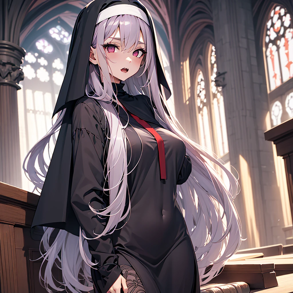 Female, ((dark mauve long hair)), traditional nun habit, slim, vampire, fishnet stockings, light red eyes, religion, fangs