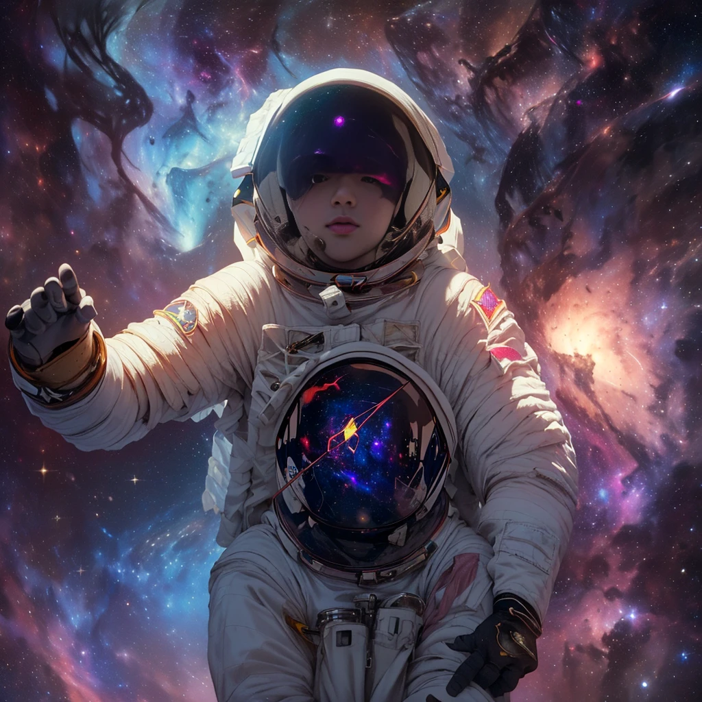 A lone astronaut in a spacesuit floats、A stunning detailed illustration of the Orion Nebula、Surreal、8K、High resolution、masterpiece、Cinematic lighting、Dramatic atmosphere、Glowing celestial bodies、Bright colors、Deep Universe、Nebula Cloud、Space Landscape、Awe-inspiring、Fascinating、Photorealistic、Intricate details、Stunning beauty、Breathtaking、Ultra-detailed