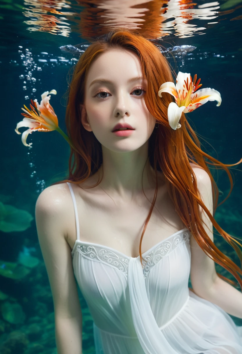 (masterpiece, best quality), ((A girl, solitary, Long hair)), Ishmael_edge, innocent expression, bare arm, Show your shoulders, Bare neck, watercolor, Sundress, liquid clothing, water, wave, water dress, green_theme, night, haze, dark, Be focused, ocean, Transparent dress, Orange Hair