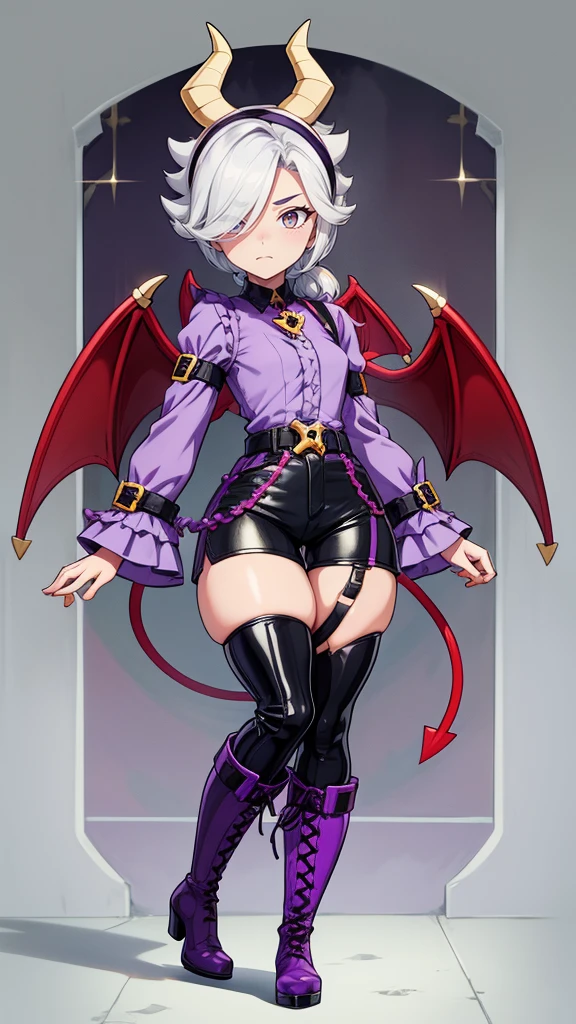 colettetrixie, red skin, sharp teeth, hair over one eye, hairband, demon horns, colored sclera, purple shirt, purple shorts,slim lags demon wings,knee high boots,heels,lace-up boots,black boots,brawl stars skin,lora Collette Trixie.
Anime style,anime girl