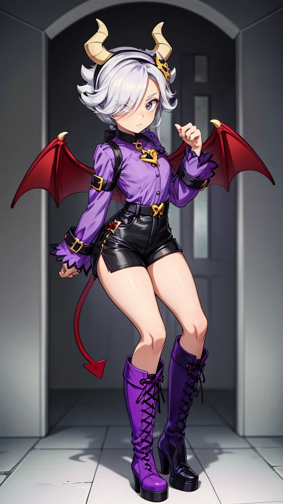 colettetrixie, red skin, sharp teeth, hair over one eye, hairband, demon horns, colored sclera, purple shirt, purple shorts,slim lags demon wings,knee high boots,heels,lace-up boots,black boots,brawl stars skin,lora Collette Trixie.
Anime style,anime girl