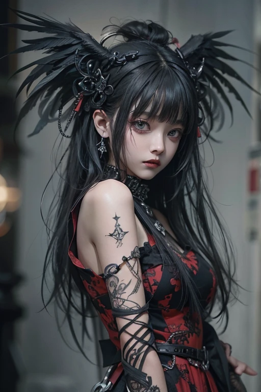 Highest quality、8K、masterpiece:1.3、Gothic Punk、The inner is red、Gray Black Hair、hair ornaments、beautiful girl、creative、Dark Fantasy Style、Neogoth、Goth Fashion:1.2、High resolution、masterpiece、Highest quality、頭w:1.3、((Hasselblad Photos))、Fine skin、Sharp focus、(Cinema Lighting)、Realistic textured hair, Black crow on the shoulder