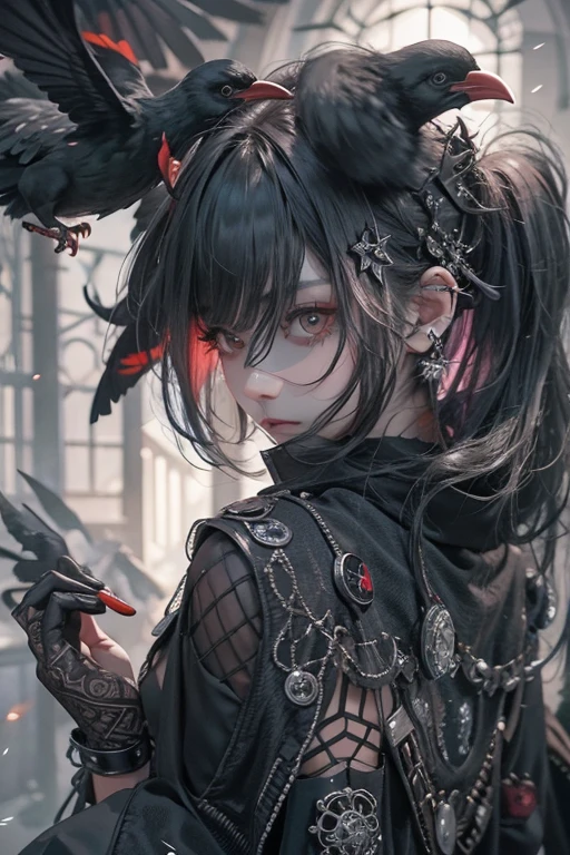 Highest quality、8K、masterpiece：1.3、Gothic Punk、The inner  is red、Gray Black Hair、hair ornaments、beautiful girl、creative、Dark Fantasy Style、Neogoth、Goth Fashion：1.2、High resolution、masterpiece、Highest quality、頭w:1.3、((Hasselblad Photos))、Fine skin、Sharp focus、(Cinema Lighting)、Realistic textured hair, Black crow on the shoulder 