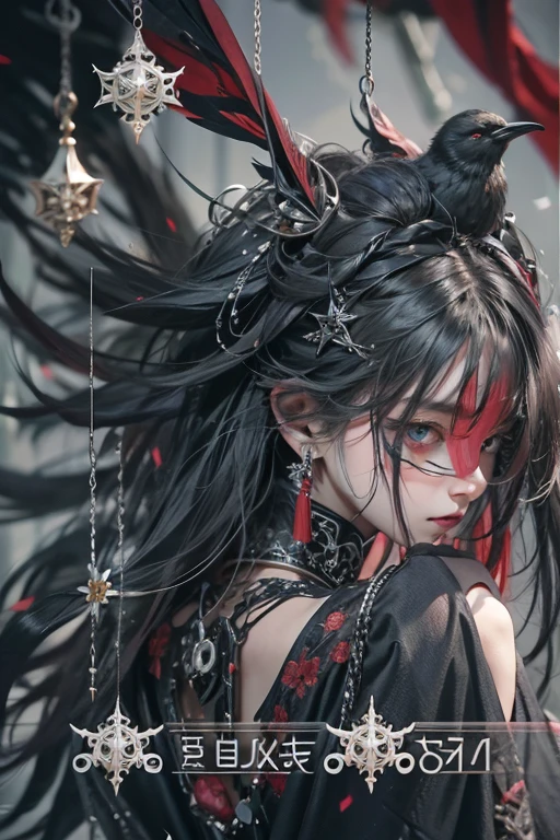 Highest quality、8K、masterpiece:1.3、Gothic Punk、The inner is red、Gray Black Hair、hair ornaments、beautiful girl、creative、Dark Fantasy Style、Neogoth、Goth Fashion:1.2、High resolution、masterpiece、Highest quality、頭w:1.3、((Hasselblad Photos))、Fine skin、Sharp focus、(Cinema Lighting)、Realistic textured hair, Black crow on the shoulder