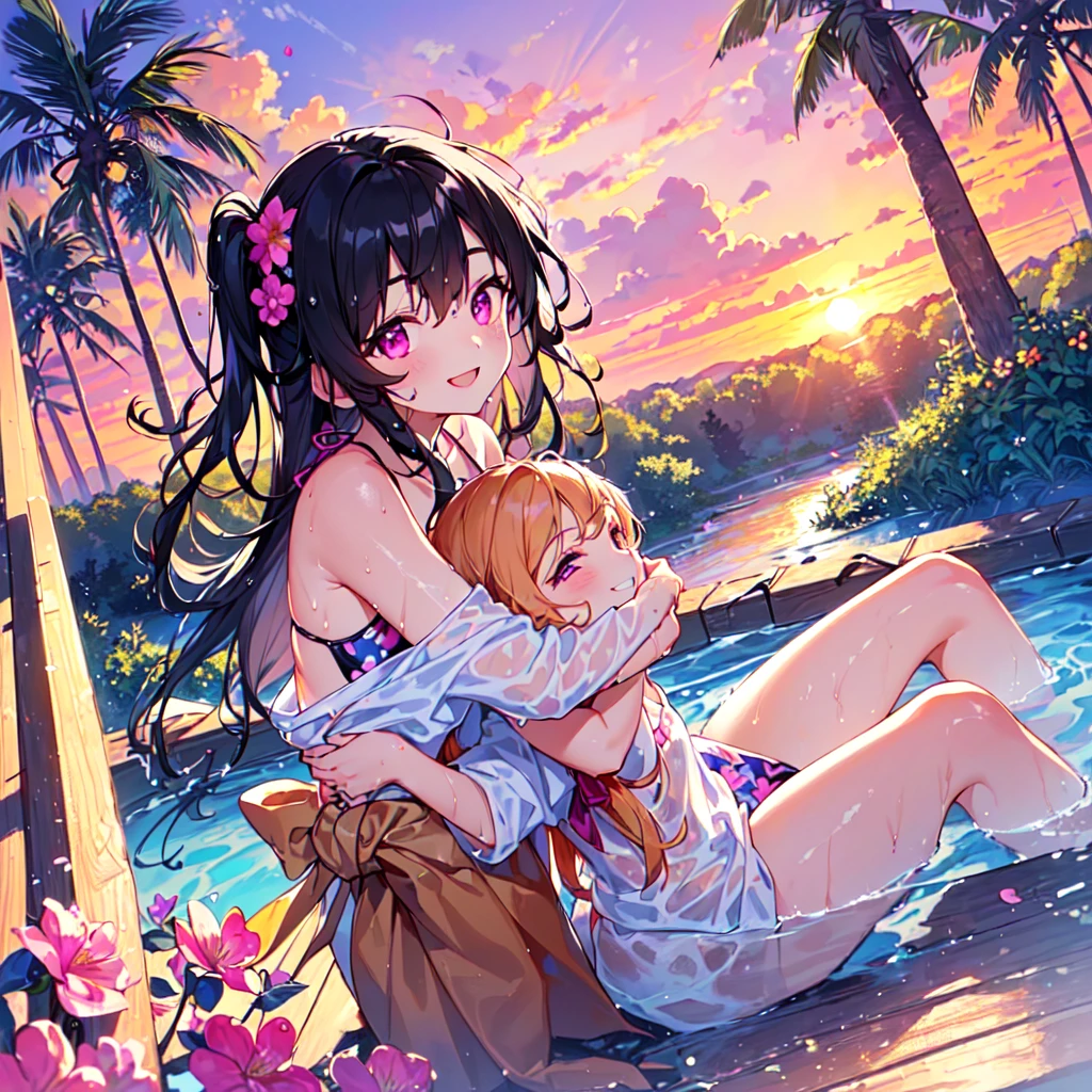 2 girls, neko, cat girls, twins, sisters, beach, sunny, high res, masterpiece, supersharp, high quality, masterpiece, HD, cute face, soft shadows, natural lighting, sunny, beach, multicolored hair, high res, masterpiece, supersharp