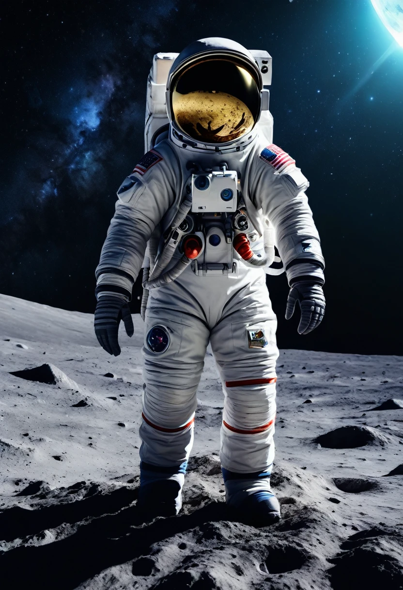 Astronauts looking up into space on the surface of the moon,, (4k, 8k, highres, masterpiece:1.2), ultra-detailed, detailed space suit, galaxy background, cinematic lighting, glowing stars, nebula clouds, volumetric lighting, chiaroscuro lighting, dramatic sci-fi atmosphere, vibrant colors