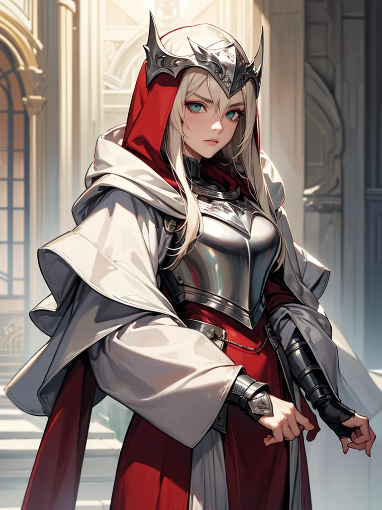 ((super detailed)),((masterpiece)),female focus,lonely beauty, (highly detailed face), highly detailed eyes, highly detailed lips,((platinum blonde hair)),long hair, (red robes with a hood), gauntlets,pauldrons,gorget,green eyes, caucasian skin,serious expression,((older woman)),((wearing hood:1.1)),(silver armor),black pants,cowboy shot,flat breastplate, closed breastplate