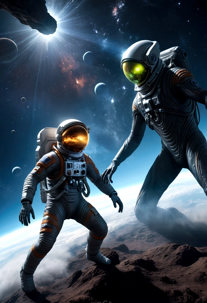 a highly detailed astronaut and alien diving into the vastness of space, incredible space scene, realistic space suit, alien creature with glowing eyes, intricate details on the space suit and alien, dramatic lighting and glowing effects, cinematic composition, 8k, hyperrealistic, award-winning digital art, stunning colors, volumetric fog, realistic physics simulation, epic science fiction landscape