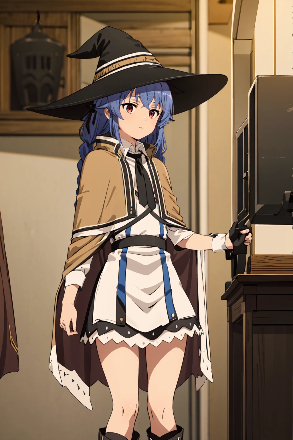 One Girl, roxy migurdia, blue eyes, Blue Hair, Twin Blade, Twin tails, Braided Ponytail, Knee Boots, Good transparency, witch, Black socks, ヘアribbon, ribbon, View your viewers, smile, Mouth closed, sun,, (masterpiece:1.2), High resolution, Highest quality, 8K, Whole body 1 girl, white dress, neck ribbon, black ribbon, black skirt, brown cape, brown dress, neck ribbon, black ribbon, witch hat, black hat, white shirt, collared shirt, Blurred_background