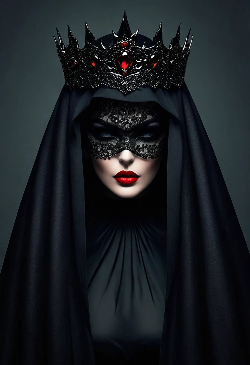 Dark Queen，The cloak covers the eyes，Black veil covers the face，Red lips