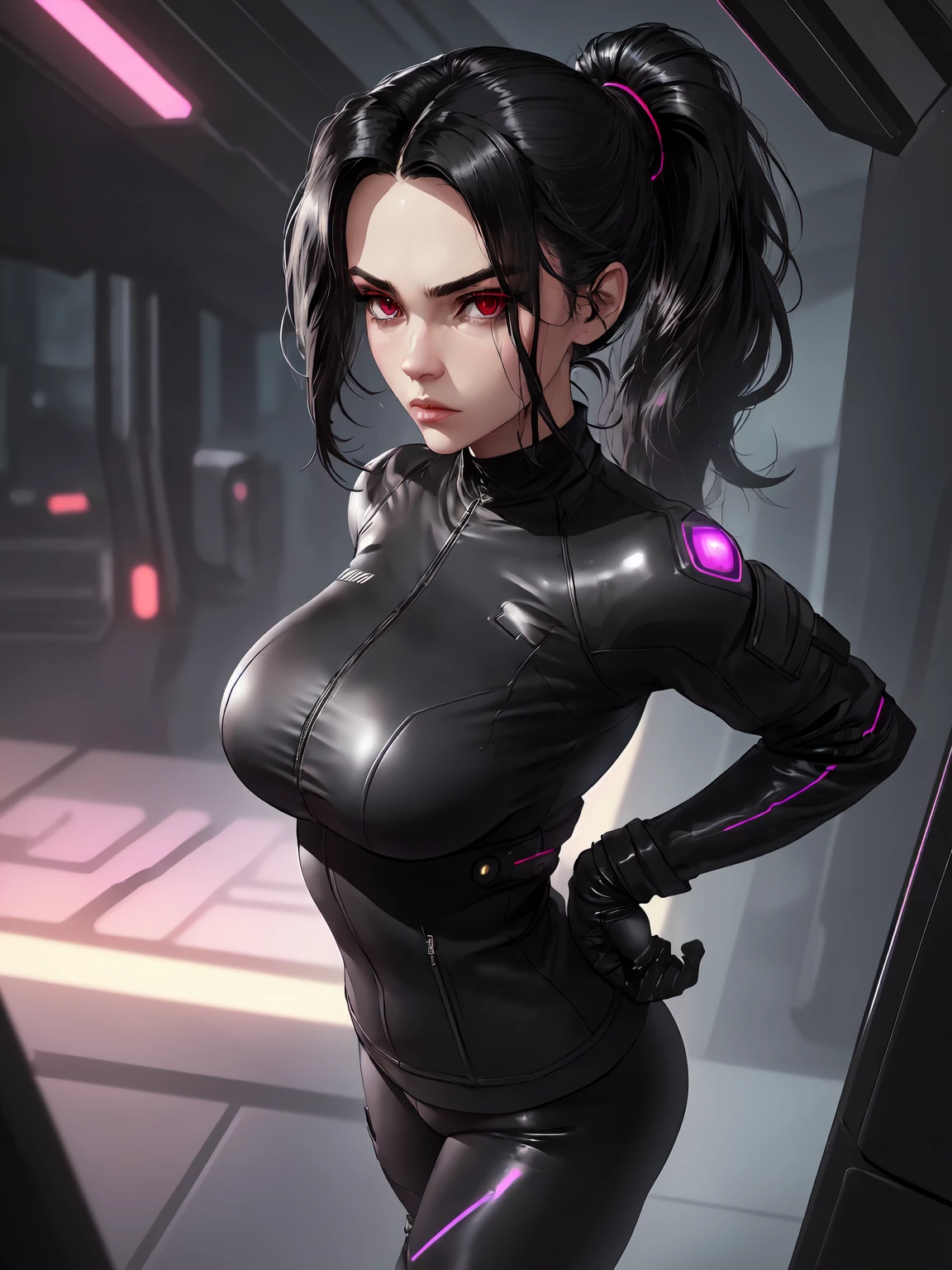 (masterpiece, best quality, aesthetic:1.4,) 1girl, Cyberpunk, futuristic, Yelan, BREAK, symmetrical face, highly detailed face, black hair, long hair, ponytail, holographic interface, BREAK, crimson eyes, highly detailed eyes, BREAK, large breasts, tight clothing, leather jacket, black shirt, BREAK, knee boots, black yoga pants, black gloves, tactical gear, BREAK, hands on hips, serious expression, standing, BREAK, female focus, upperbody, neon aesthetic, futuristic cityscape, sci-fi