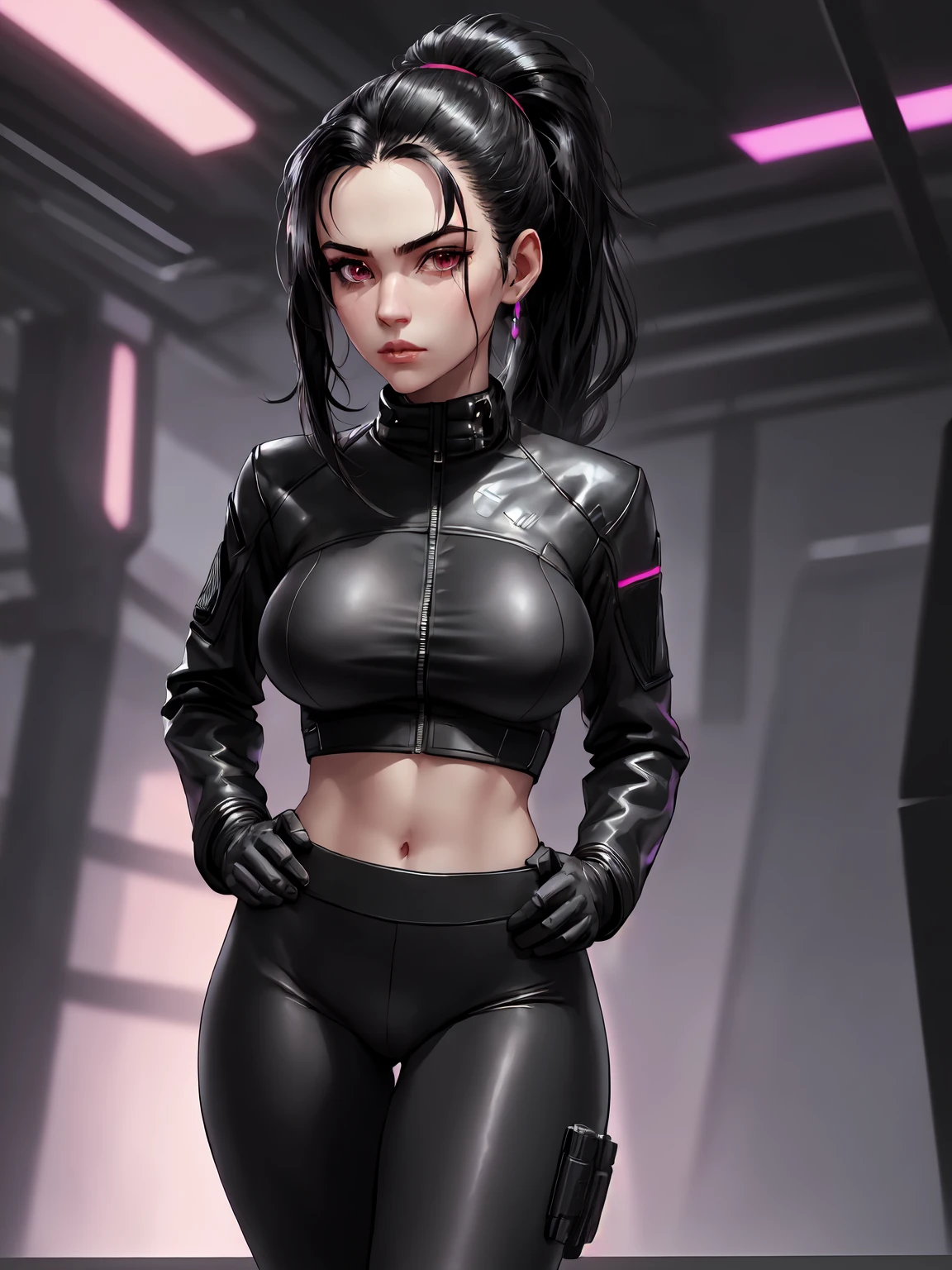 (masterpiece, best quality, aesthetic:1.4,) 1girl, Cyberpunk, futuristic, Yelan, BREAK, symmetrical face, highly detailed face, black hair, long hair, ponytail, holographic interface, BREAK, crimson eyes, highly detailed eyes, BREAK, large breasts, tight clothing, leather jacket, black shirt, BREAK, knee boots, black yoga pants, black gloves, tactical gear, BREAK, hands on hips, serious expression, standing, BREAK, female focus, upperbody, neon aesthetic, futuristic cityscape, sci-fi