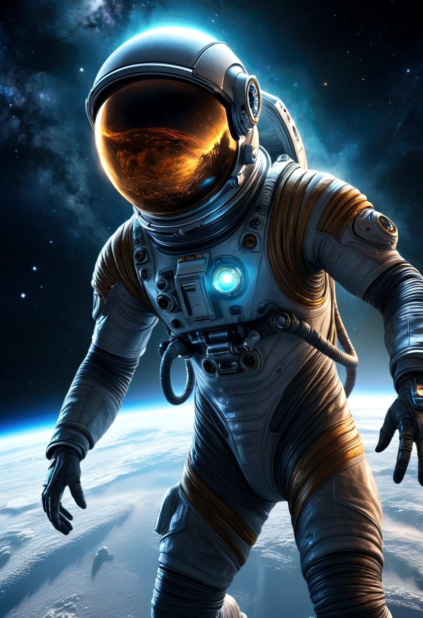 a highly detailed astronaut and alien diving into the vastness of space, incredible space scene, realistic space suit, alien creature with glowing eyes, intricate details on the space suit and alien, dramatic lighting and glowing effects, cinematic composition, 8k, hyperrealistic, award-winning digital art, stunning colors, volumetric fog, realistic physics simulation, epic science fiction landscape