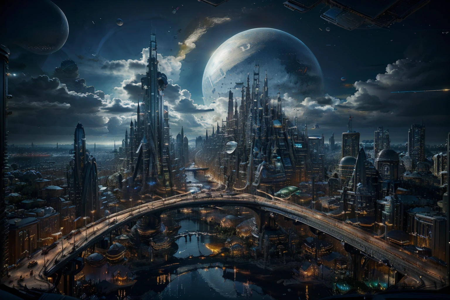 (best quality,4k,8k,highres,masterpiece:1.2),ultra-detailed,(realistic,photorealistic,photo-realistic:1.37),futuristic,gigantic biomechanical structures,towering skyscrapers,endless cityscape,gleaming lights reflecting on the surface of Megacity 2077,advanced technology integrated seamlessly with architecture,nanotechnology infused in every detail,hovering vehicles darting through the sky,extensive network of bridges and walkways connecting buildings,bustling population moving in all directions,advanced robotics and AI assistants assisting residents,advanced holographic displays projecting information into the air,exquisite metallic textures and reflective materials,interplay of shadows and light,neon lights illuminating the night,ethereal colors changing with the rhythm of the city,sublime color contrast between the dark abyss and the luminous metropolis,dynamic atmosphere with swirling clouds and flying debris,elevated monorails weaving through the city,cloud-piercing mega towers stretching into the sky,a sense of awe and wonder as one gazes upon the cityscape,the surreal merging of humanity and technology,inspiring a vision of the future of mankind.