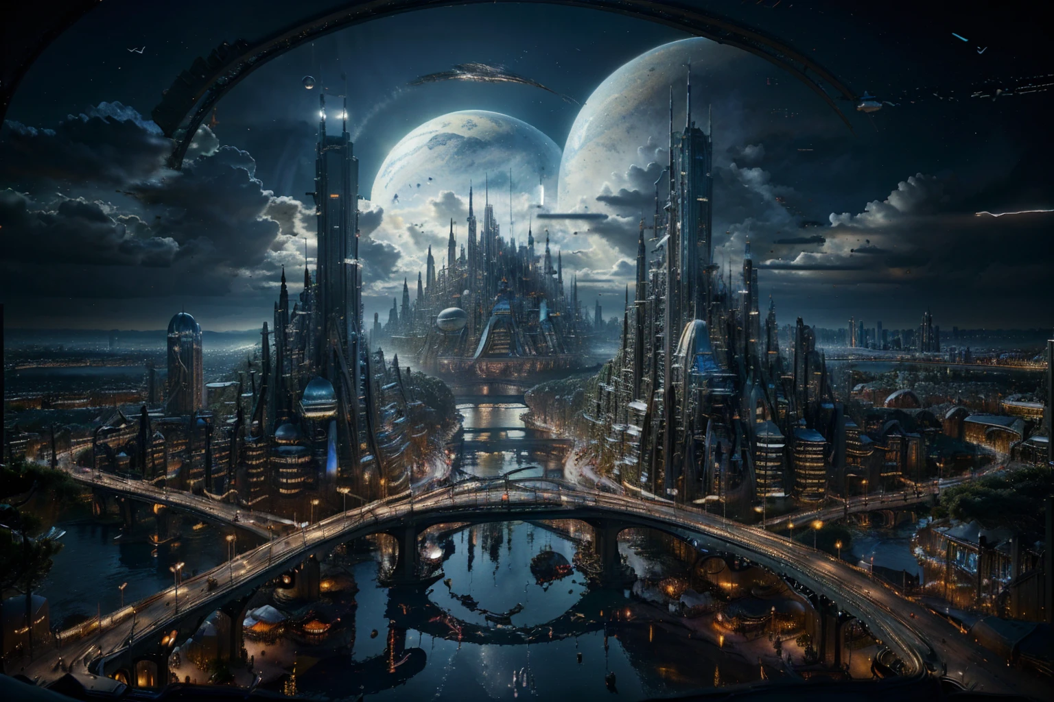 (best quality,4k,8k,highres,masterpiece:1.2),ultra-detailed,(realistic,photorealistic,photo-realistic:1.37),futuristic,gigantic biomechanical structures,towering skyscrapers,endless cityscape,gleaming lights reflecting on the surface of Megacity 2077,advanced technology integrated seamlessly with architecture,nanotechnology infused in every detail,hovering vehicles darting through the sky,extensive network of bridges and walkways connecting buildings,bustling population moving in all directions,advanced robotics and AI assistants assisting residents,advanced holographic displays projecting information into the air,exquisite metallic textures and reflective materials,interplay of shadows and light,neon lights illuminating the night,ethereal colors changing with the rhythm of the city,sublime color contrast between the dark abyss and the luminous metropolis,dynamic atmosphere with swirling clouds and flying debris,elevated monorails weaving through the city,cloud-piercing mega towers stretching into the sky,a sense of awe and wonder as one gazes upon the cityscape,the surreal merging of humanity and technology,inspiring a vision of the future of mankind.