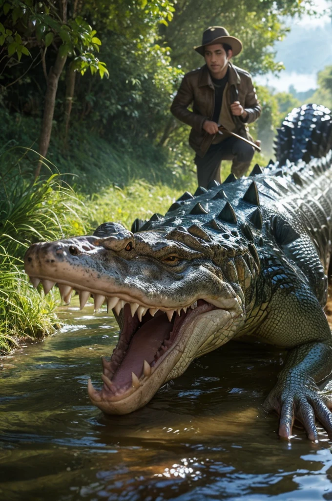 Japanese male soldiers being chased by crocodile, persecution, medo, fugindo, correndo no rio, crocodilo grande, realista, ultra realista, realismo, real, ultra detelhes, 4k,