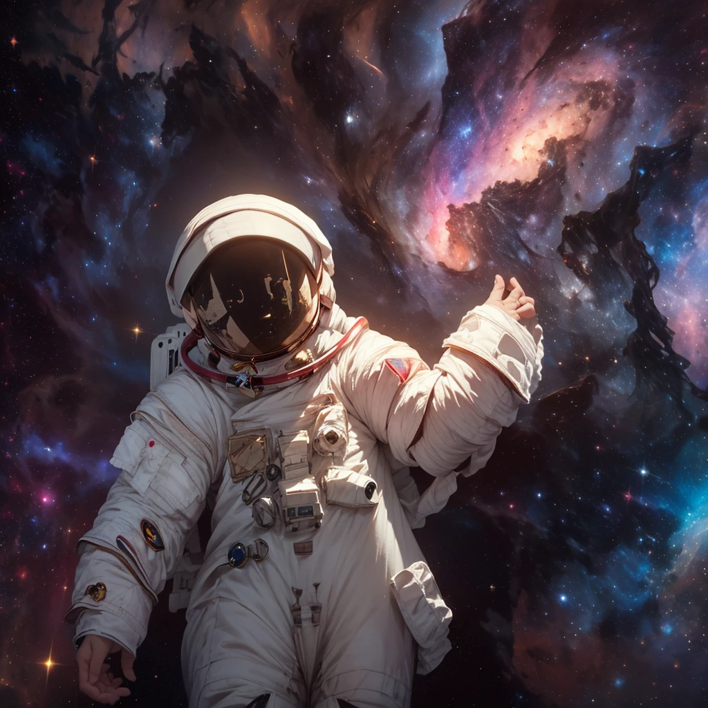 A lone astronaut in a spacesuit floats、A stunning detailed illustration of the Orion Nebula、Surreal、8K、High resolution、masterpiece、Cinematic lighting、Dramatic atmosphere、Glowing celestial bodies、Bright colors、Deep Universe、Nebula Cloud、Space Landscape、Awe-inspiring、Fascinating、Photorealistic、Intricate details、Stunning beauty、Breathtaking、Ultra-detailed