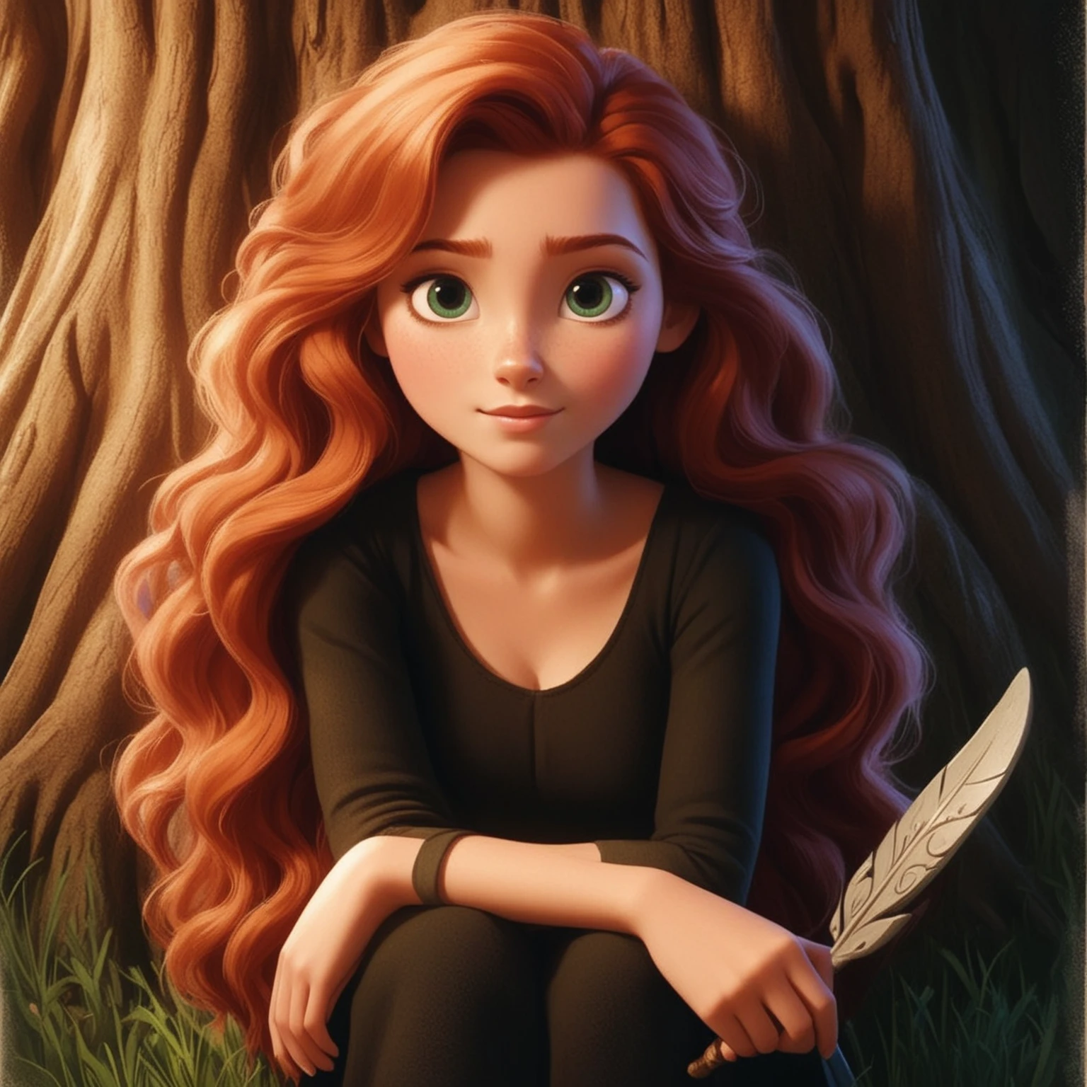 a close up of a cartoon girl with long hair sitting in front of a tree, portrait of princess merida, disney art style, disney character style, art in the style of disney, in style of disney animation, she has long orange brown hair, character is in her natural pose, beautiful character painting, red haired goddess, she has long redorange hair