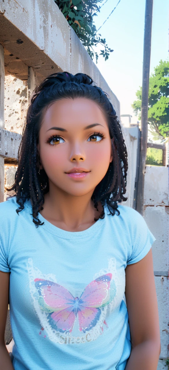 One young woman, with a space suit, Bblack hair, shining brown eyes 