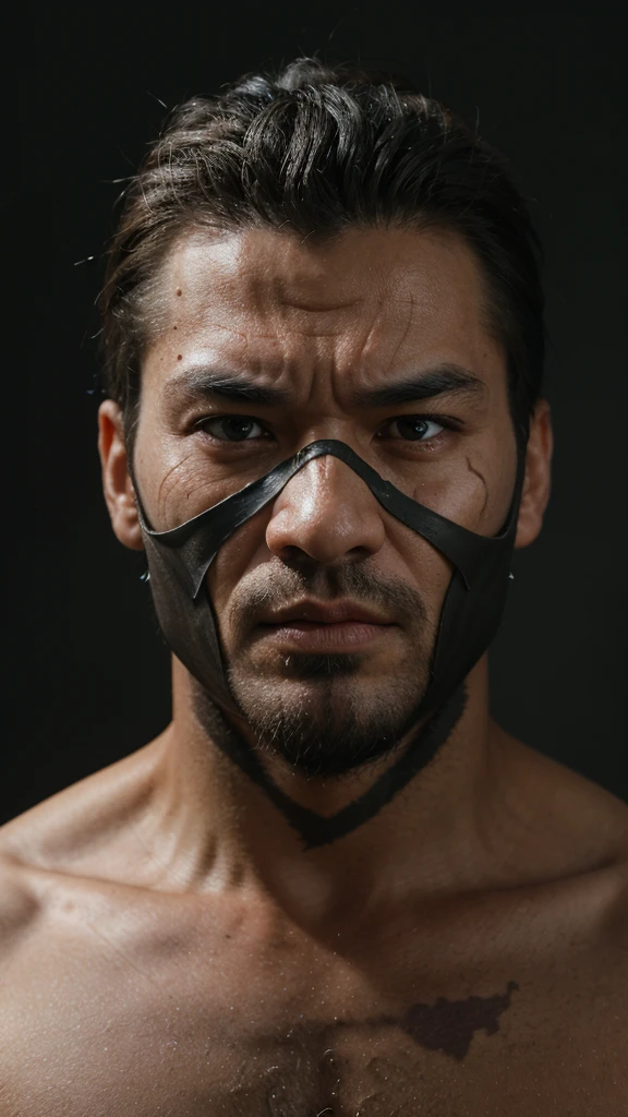 Create a completely naked guy with his face covered by bandages with straight and muscular black hair with tattoos on his chest lying down and sweaty 