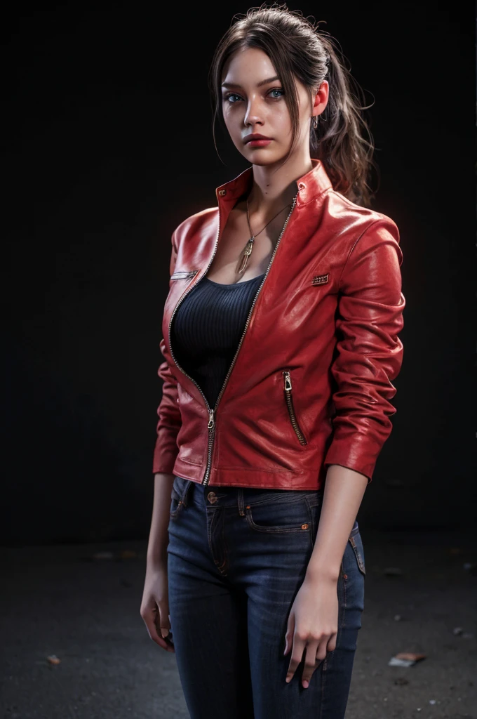 1girl, (realistic),(hyperrealism),(best quality),(masterpiece),(ultra high res),(photorealistic),idol,eye makeup,detailed eyes,detailed face,black dress, posing for a photo, black background, claireredfield2, brown hair, (red jacket:1.2), ponytail, (denim pants:1.3),