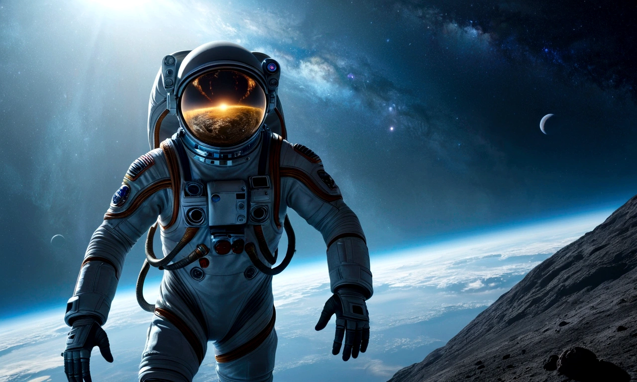 a highly detailed astronaut and alien diving into the vastness of space, incredible space scene, realistic space suit, alien creature with glowing eyes, intricate details on the space suit and alien, dramatic lighting and glowing effects, cinematic composition, 8k, hyperrealistic, award-winning digital art, stunning colors, volumetric fog, realistic physics simulation, epic science fiction landscape