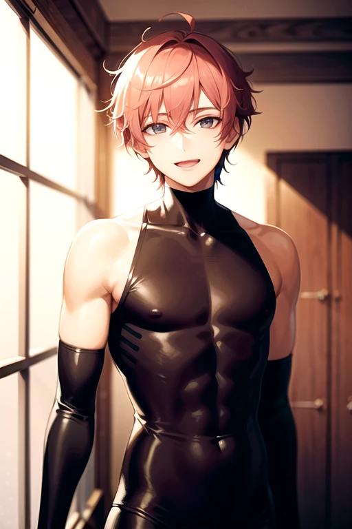 anime、High resolution、male、True Face、Nice、cute、the body is slim、Stylish body、erotic breasts and butt、Big pink nipples、He has a thick chest、The buttocks are also big、In the middle of taking off a tight suit、Puberty、 Too much exposure、blush、Embarrassing、 