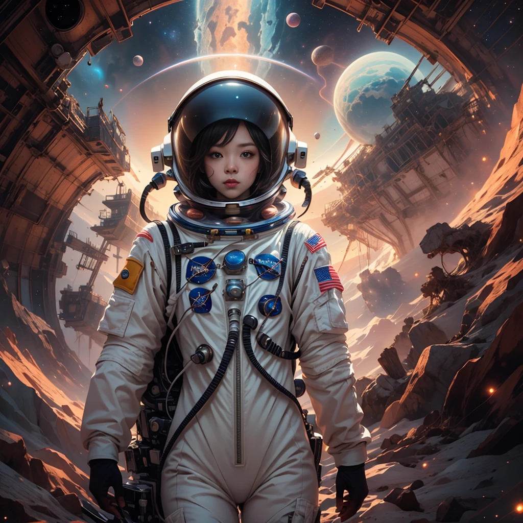 (An astronaut in a spacesuit floats in the center of the screen in front of a nebula:1.5)、A stunning detailed illustration of the Orion Nebula、Surreal、8K、High resolution、masterpiece、Cinematic lighting、Dramatic atmosphere、Glowing celestial bodies、Bright colors、Deep Universe、Nebula Cloud、Space Landscape、Awe-inspiring、Fascinating、Photorealistic、Intricate details、Stunning beauty、Breathtaking、Ultra-detailed、wearing sexy astrosuit with helmet