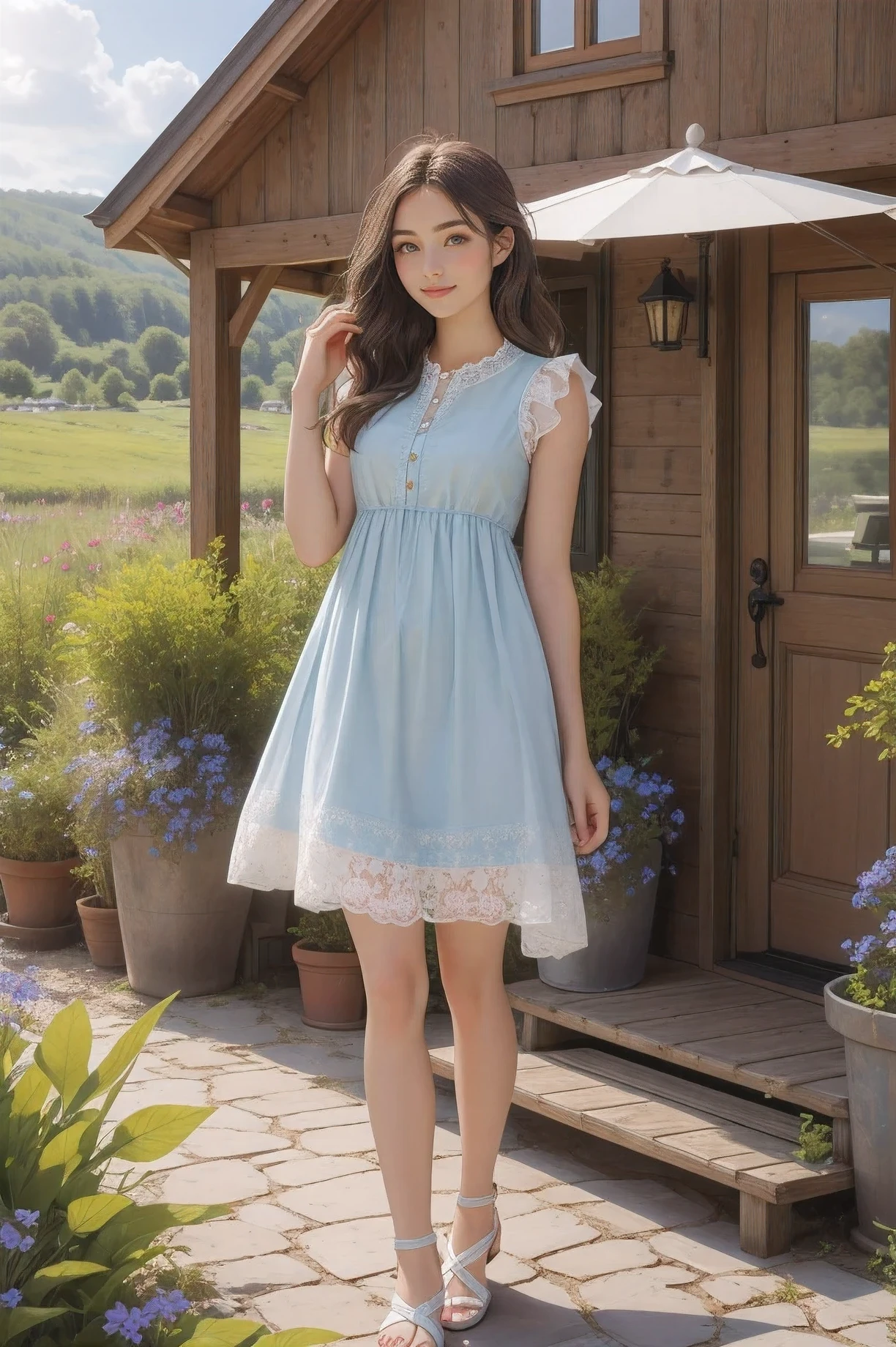 smile、Neutral dresses、pretty girl、、Beautiful shape、Beautiful Face、Big eyes、Len、Blonde,Pulls the whole body to the legs、Realistic、Standing up、blue eyes、Looking from directly below