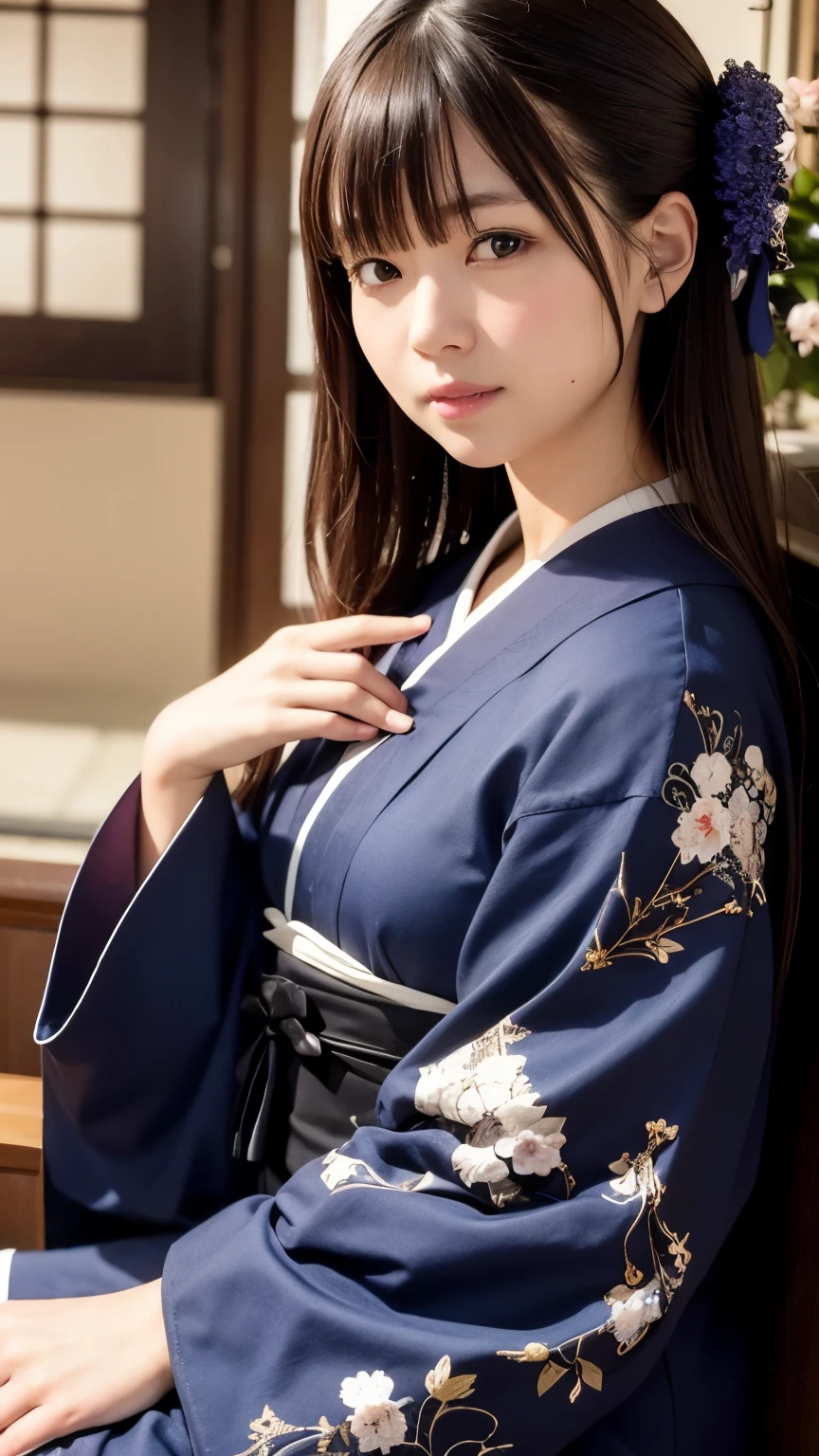 Tabletop, Highest quality, Very delicate and beautiful girl,Very delicate and beautiful, World Masterpiece Theatre, Very detailedな, Very detailed, Highest quality, Very beautiful silky black hair,kimono,Japanese Clothing,落ち着いた色合いのkimono,ナチュラルカラーのkimono, High resolution, Very detailed,1 Girl, Highest quality, shape, Looking at the audience, Material, canvas, Oil, Genuineistic, Realist ,Genuine,Great background,Otherworldly background,