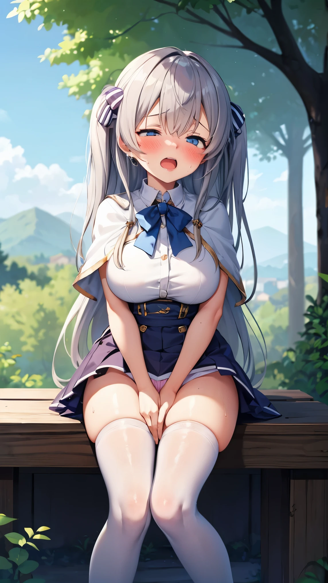 Highest quality,masterpiece,8K,1girl,((loli,big breasts,little girl:1.3)),((orgasm,blush:1.3)), sweat,mini skirt,lift skirt,upskirt,1girl, celia claire,White Capelet, mini skirt,pink panties,striped panties,thighhighs,((walking1.3)),forest,forest林,crotchAngle,head out of frame,lower body,have to pee,covering crotch,(((hand between legs))),knees together feet apart,