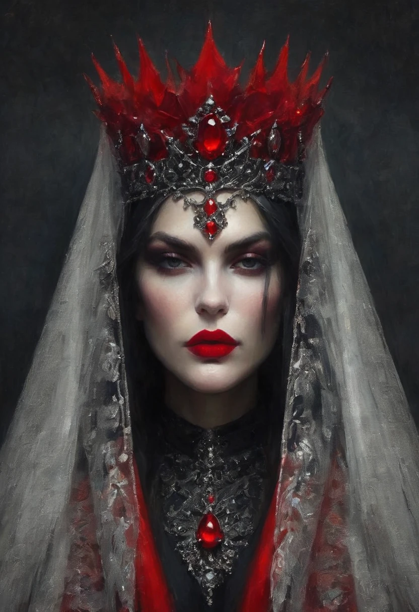 Dark Queen，Gorgeous red crown，Precious stones，The cloak covers the eyes，Black veil covers the face，Red lips