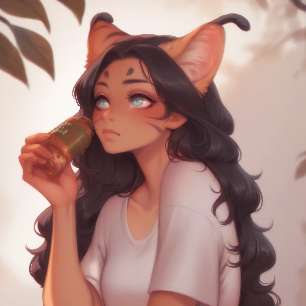 1woman,deer ears,deer tail, short and fluffy, ★;(symbol) on t-shirt ,Black hair,long hair , Light blue eyes, fluffy hair,White T-shirt,Fechin, oil painting, anime/Cartoon style 
